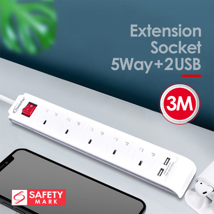 PowerPac Extension Cord, Extension Socket, Power Cord 3 Metre 5 way with 2x USB charger (PP235U)