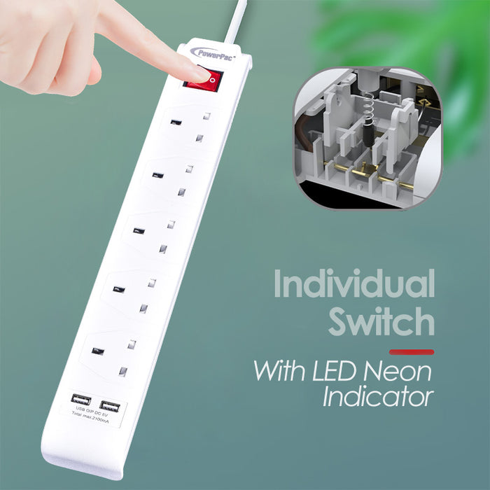 PowerPac Extension Cord, Extension Socket, Power Cord 3 Metre 5 way with 2x USB charger (PP235U)