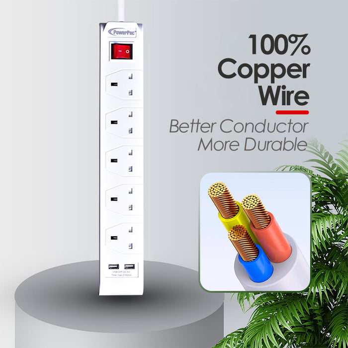 PowerPac Extension Cord, Extension Socket, Power Cord 3 Metre 5 way with 2x USB charger (PP235U)