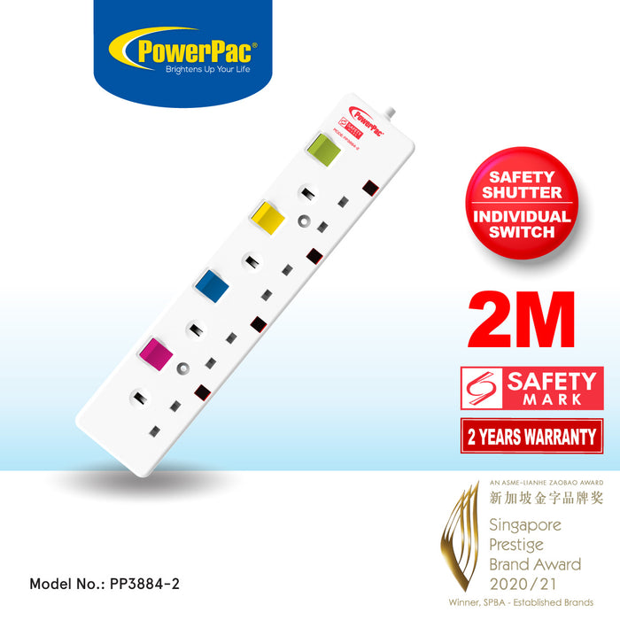 PowerPac Extension Cord, Extension Socket, Power Cord, Power Extension 2 Metre 4 way (PP3884-2)