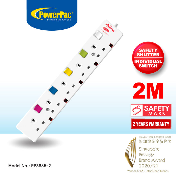 PowerPac Extension Cord, Extension Socket, Power Cord, Power Extension 2 Metre 5 way (PP3885-2)