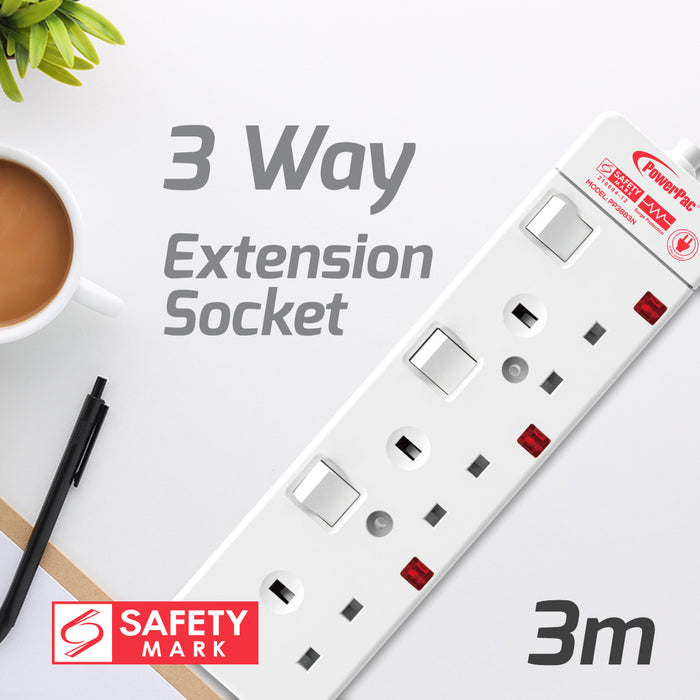 PowerPac Extension Cord, Extension Socket, Power Cord, Power Extension 3 Metre 3 way (PP3883N)