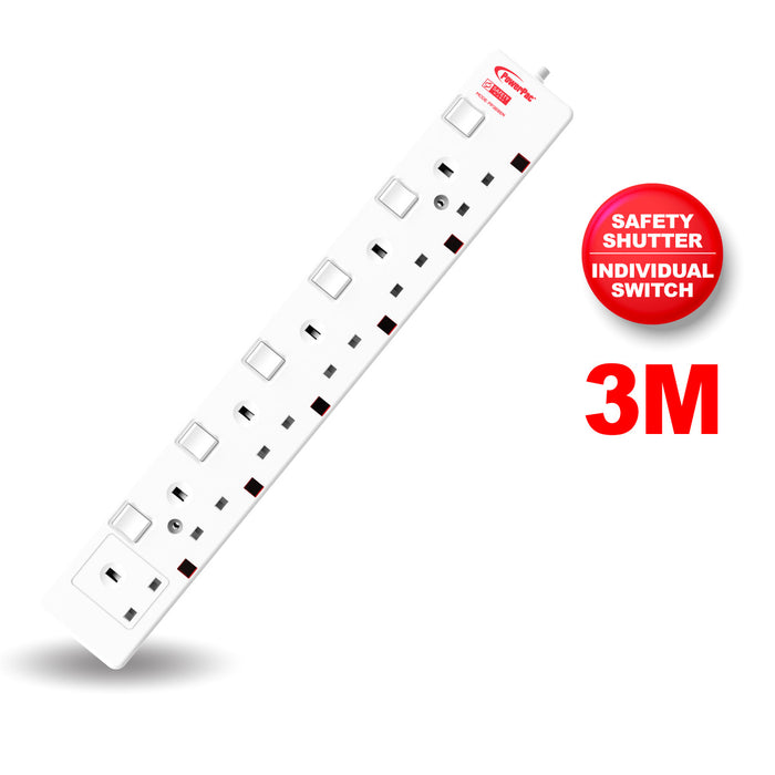 PowerPac Extension Cord, Extension Socket, Power Cord, Power Extension 3 Metre 6 way (PP3886N)