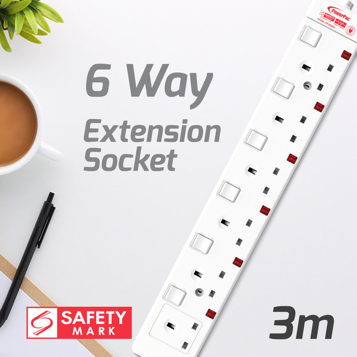 PowerPac Extension Cord, Extension Socket, Power Cord, Power Extension 3 Metre 6 way (PP3886N)