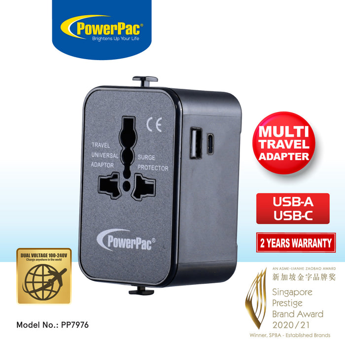 PowerPac Universal Travel Adapter + USB Smart Charger– Multi Sockets & Plugs, Neon LED, PP7976