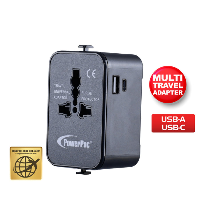 PowerPac Universal Travel Adapter + USB Smart Charger– Multi Sockets & Plugs, Neon LED, PP7976