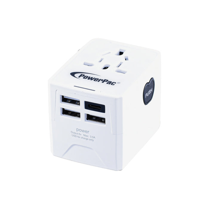 PowerPac Universal Travel Adapter + USB Smart & Fast Charger – Multi Sockets & Plugs, Neon LED, PP7980