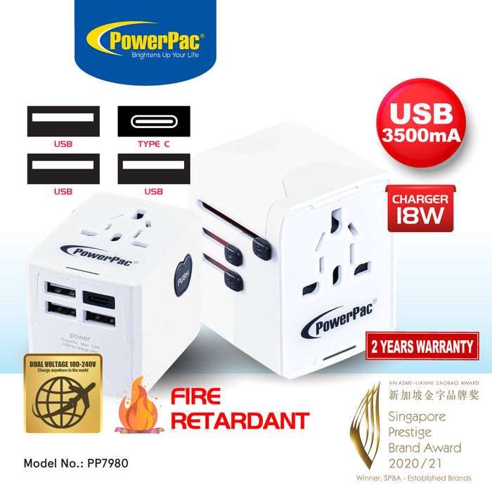 PowerPac Universal Travel Adapter + USB Smart & Fast Charger – Multi Sockets & Plugs, Neon LED, PP7980