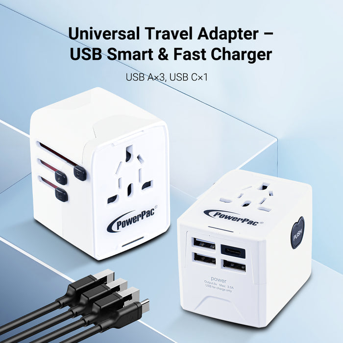 PowerPac Universal Travel Adapter + USB Smart & Fast Charger – Multi Sockets & Plugs, Neon LED, PP7980