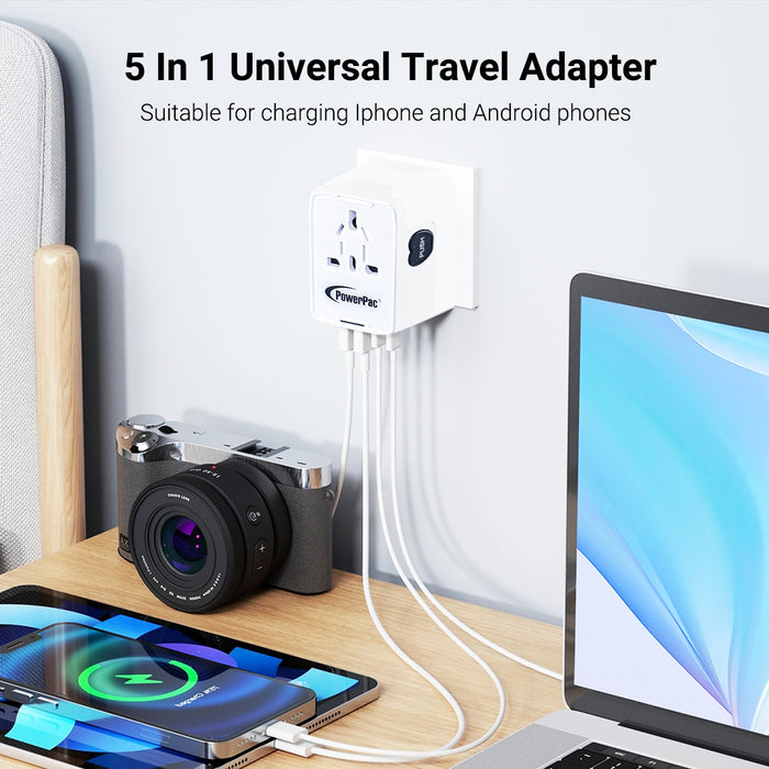 PowerPac Universal Travel Adapter + USB Smart & Fast Charger – Multi Sockets & Plugs, Neon LED, PP7980