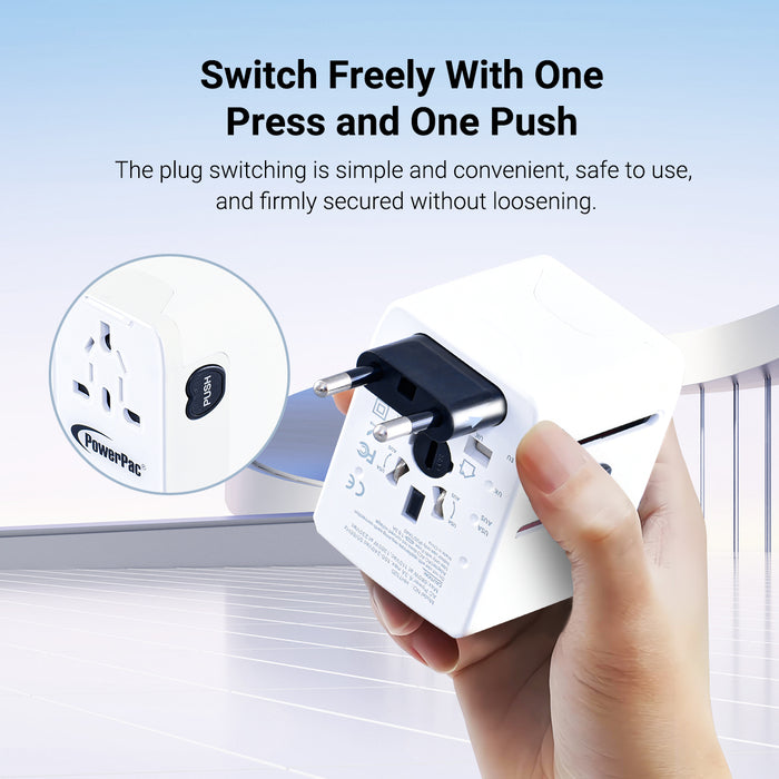 PowerPac Universal Travel Adapter + USB Smart & Fast Charger – Multi Sockets & Plugs, Neon LED, PP7980