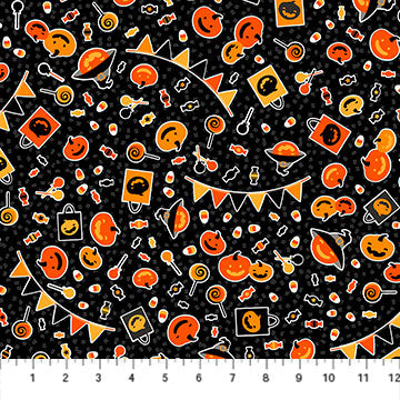 Pumpkin Party Ghoultown Greetings Fabric Black, Northcott