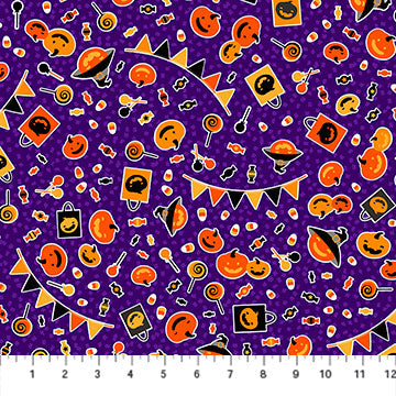 Pumpkin Party Ghoultown Greetings Fabric Purple, Northcott