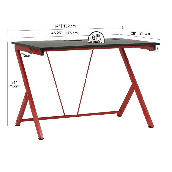 Quest PC Gaming/Computer/Student Desk (52" Wide) w/Charging Station, Red / Black 51254
