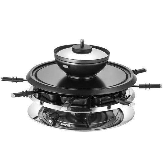 Das auf weißem Hintergrund abgebildete Unold Raclette Multi 4 in 1 ist ein Elektrogrill aus Edelstahl und Schwarz mit acht Spachteln, einer Grillplatte und einem Fonduetopf mit Deckel.
