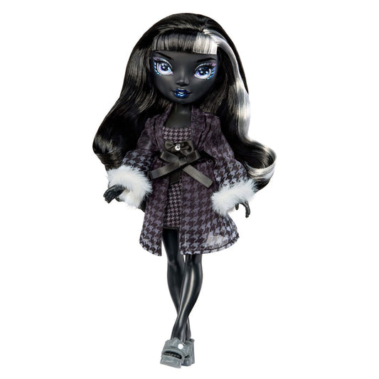 Shadow High doll with dark hair, blue eyes, and a checkered robe on a white background