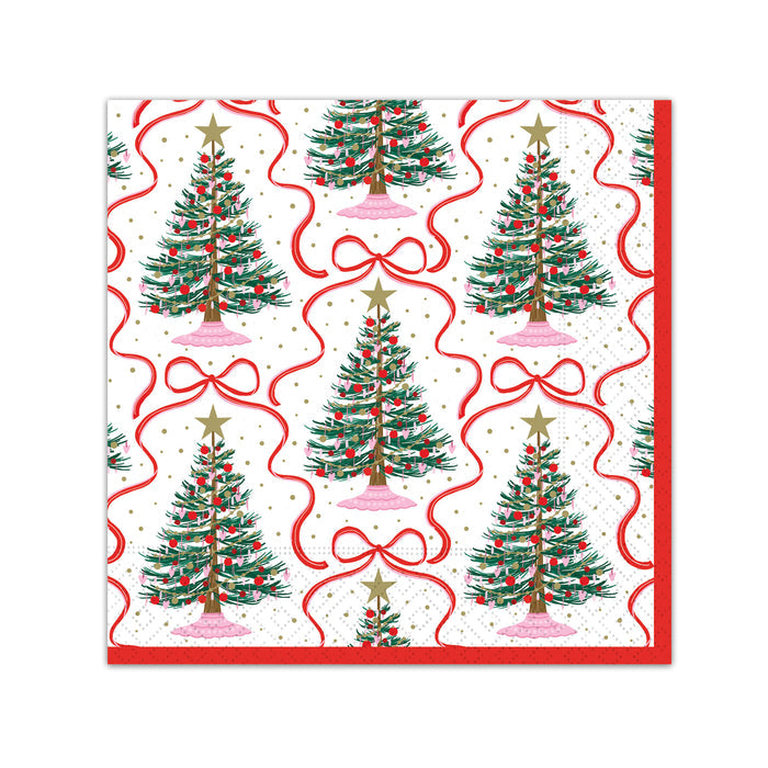 Red Ribbon Christmas Trees Beverage Napkins