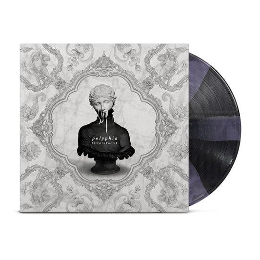 A black and purple cornetto vinyl peeks out of a white jacket with renaissance decoration. A bust of a half black/half white painted woman dripping with white is in the center of the vinyl along with the words "polyphia: Renaissance".