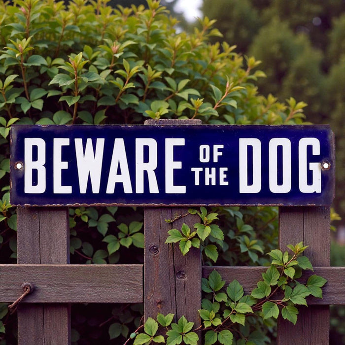 Beware of the dog sign on a wooden fence with greenery in the background