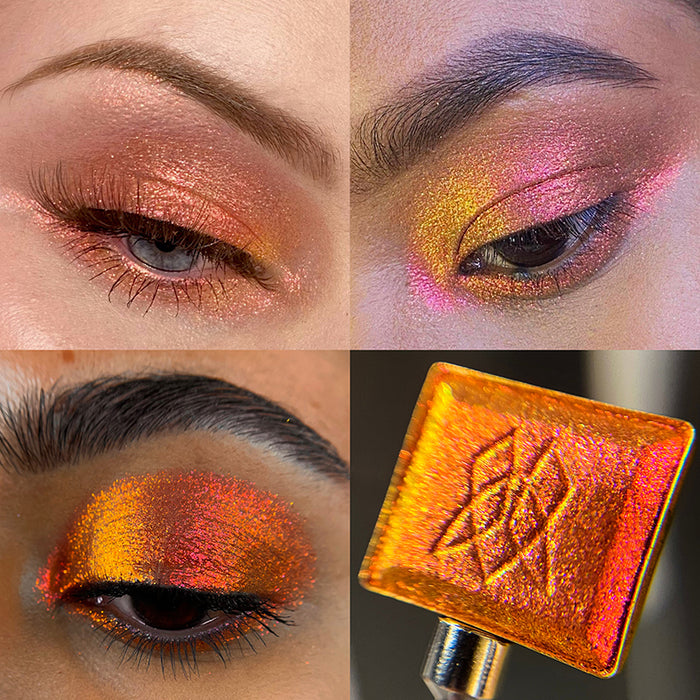 Collage of  Ring of Fire eye swatches on various skin tones. Also a close-up of the eyeshadow in a single pan.