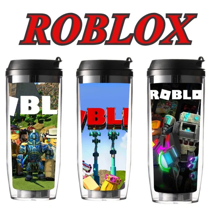 Roblox Double Straw Water Cup – Heat-Insulated Plastic Drink Tumbler for Kids, Game Gift for Birthdays