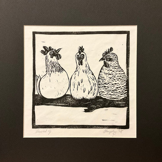"Roosted Up"” Rubber Block Print Matted