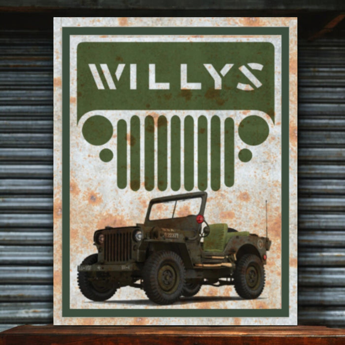 Vintage-style sign with a green jeep and 'Willys' branding on a metal background.