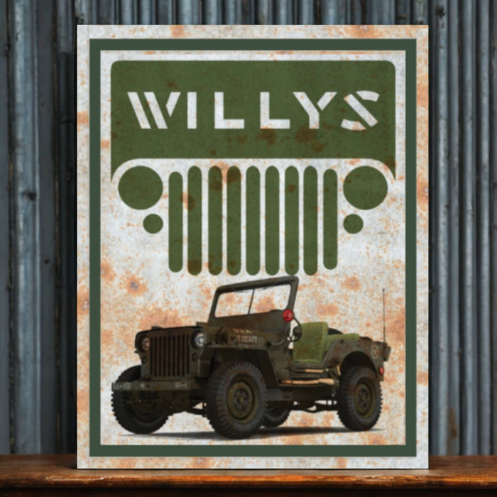 Vintage-style sign with a green jeep and 'Willys' branding on a rustic background.