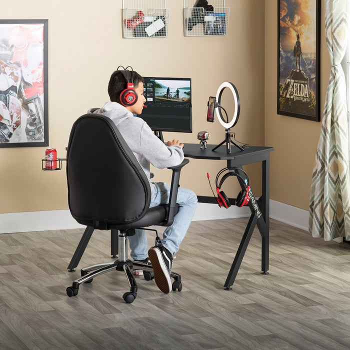 Saga PC Gaming Desk with Headphone Hook and Cup Holder, Black / Black 51454
