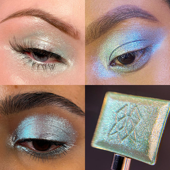 Collage of Salt Water Pearl eye swatches on various skin tones. Also a close-up of the eyeshadow in a single pan.