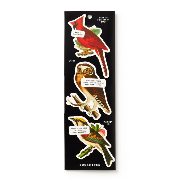 The Brass Monkey Salty Birds Magnetic Bookmark Set includes four colorful bird bookmarks with witty bookish speech bubbles, all on black packaging.