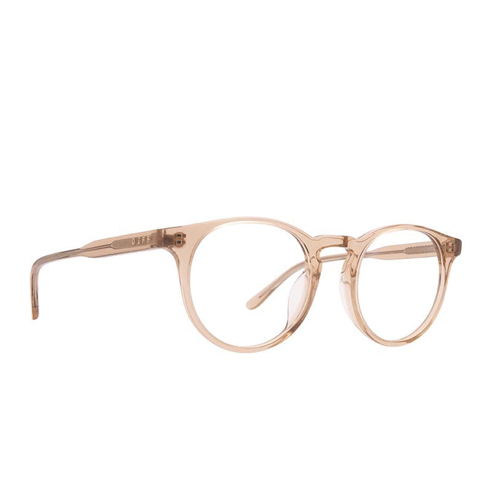 diff eyewear sawyer round glasses with a vintage crystal acetate frame and prescription lenses angled view