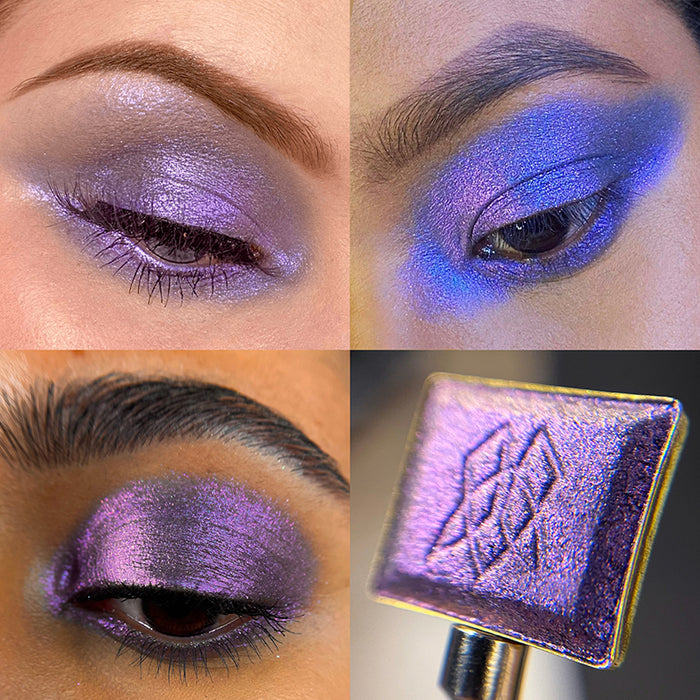 Collage of  S.C.U.B.A eye swatches on various skin tones. Also a close-up of the eyeshadow in a single pan.