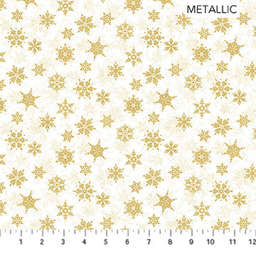 Shimmer Frost Small Snowflake White Gold Fabric, Northcott