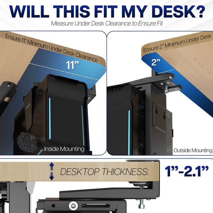 Under desk clamp-on PC Mount with measurements for desk clearance and thickness on a white background