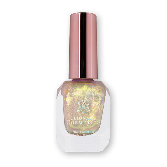 Bottle of nail polish containing Simply Beaming Nail Lacquer on white background.