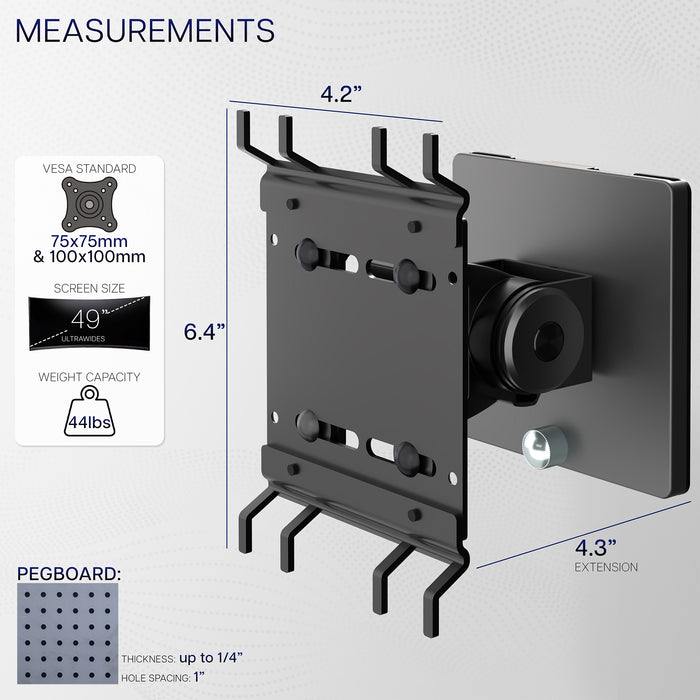 Single Ultrawide Monitor Pegboard Panel Mount with measurements and specifications on a white background.