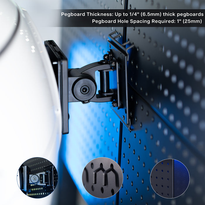 Wall-mounted pegboard system with pegboard thickness and hole spacing information.