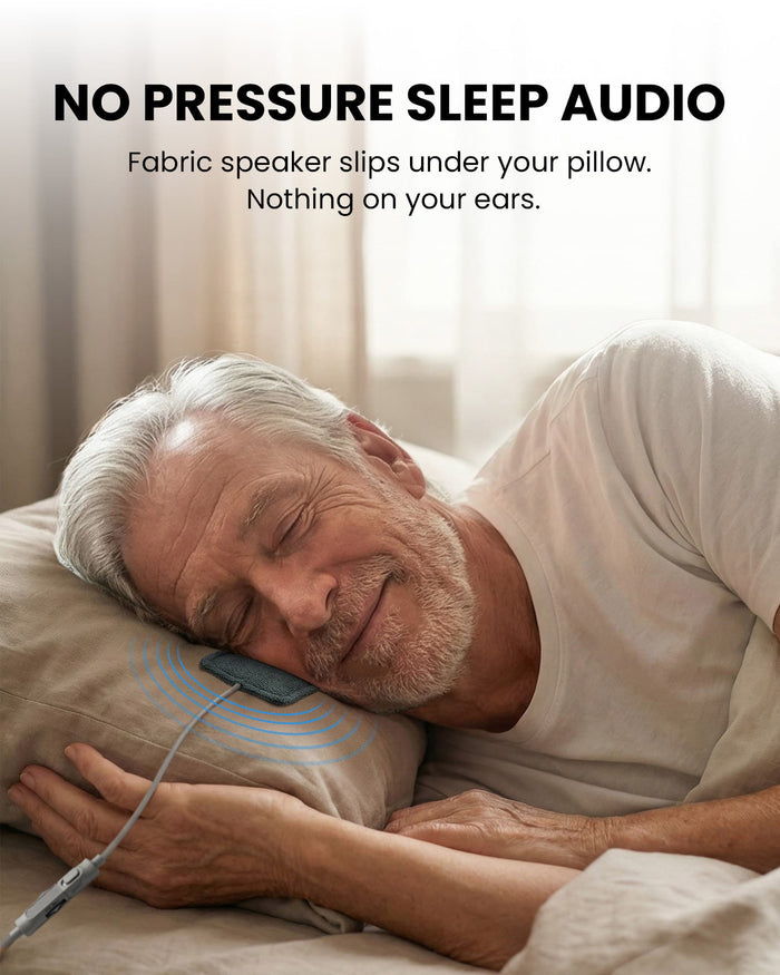 Slumber Mini Ultra-Thin Wired Pillow Speaker for Sleeping, USB-C and AUX. No pressure on ears or head fits neatly inside pillowcase