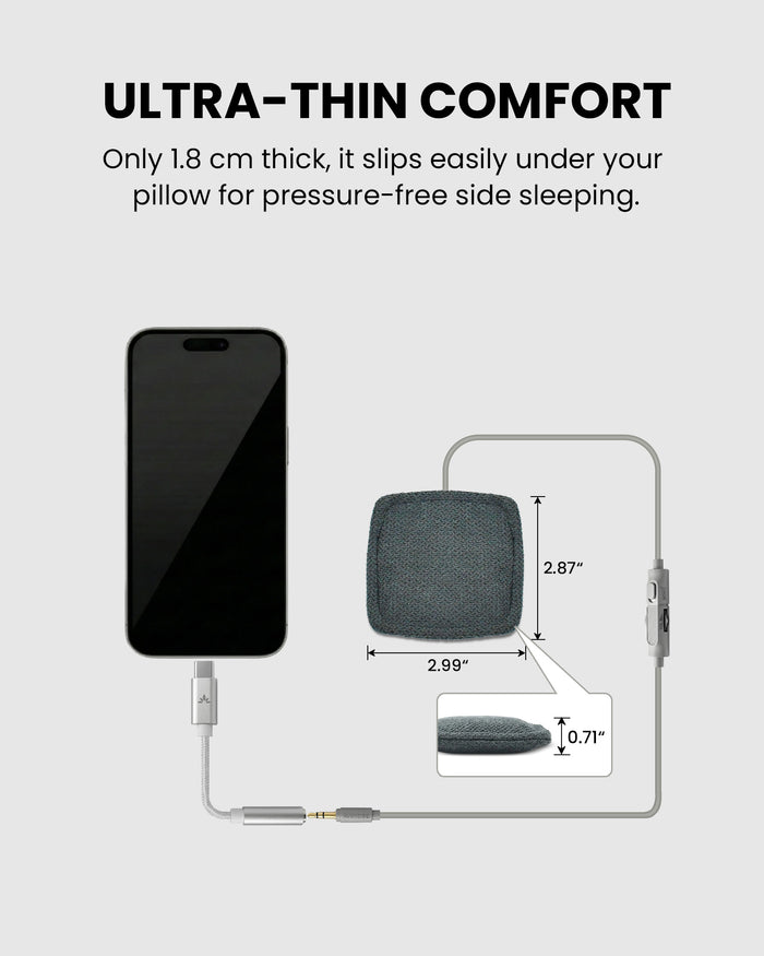 Slumber Mini Ultra-Thin Wired Pillow Speaker for Sleeping, USB-C and AUX, only 1.8 cm thick, slips under pillow for pressure-free side sleeping all night.