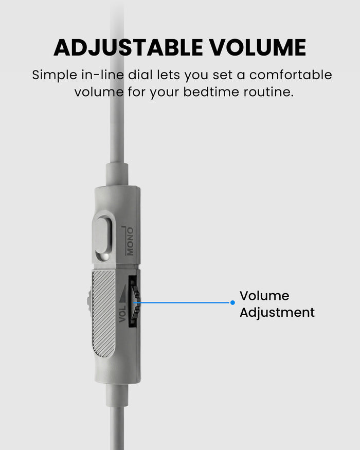 Slumber Mini Ultra-Thin Wired Pillow Speaker for Sleeping, USB-C and AUX, featuring volume control for adjustable audio comfort.