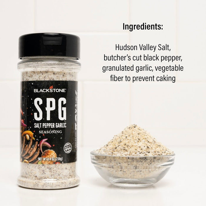 ingredients include Hudson Valley Salt, butcher's cut black pepper, granulated garlic, vegetable fiber to prevent caking.