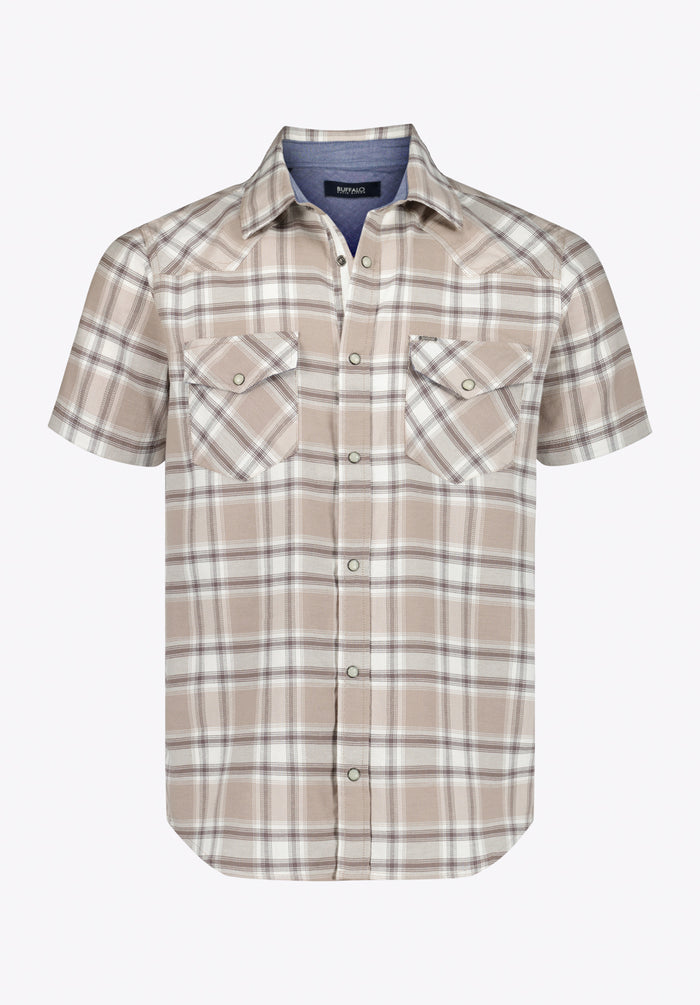 Buffalo Men Shirts Grey Woven Woven Short Sleeve Lightweight Cotton Blend Short Sleeve