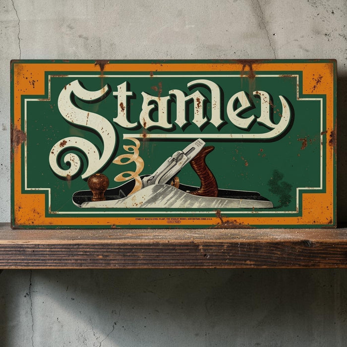 Rustic retro Stanley Wood Planes aluminum sign for woodworking shop decor.