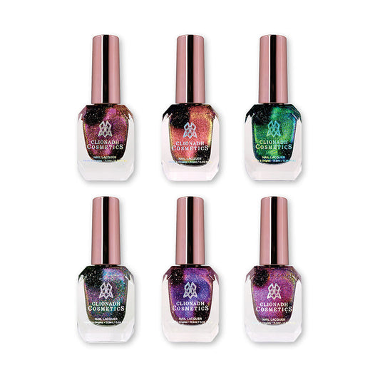 Collage of six Static-Slick Nail Lacquer bottles on a white background.