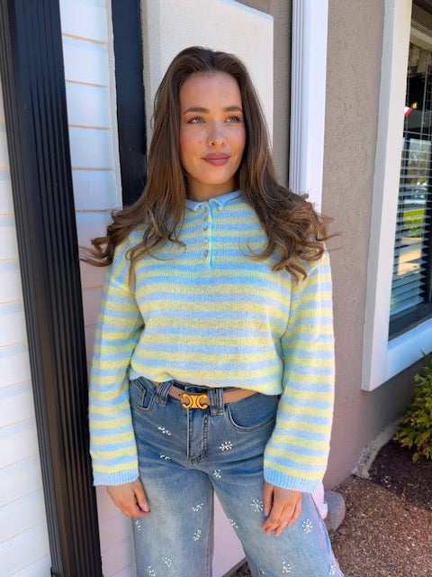 Stripe Half Button Sweater