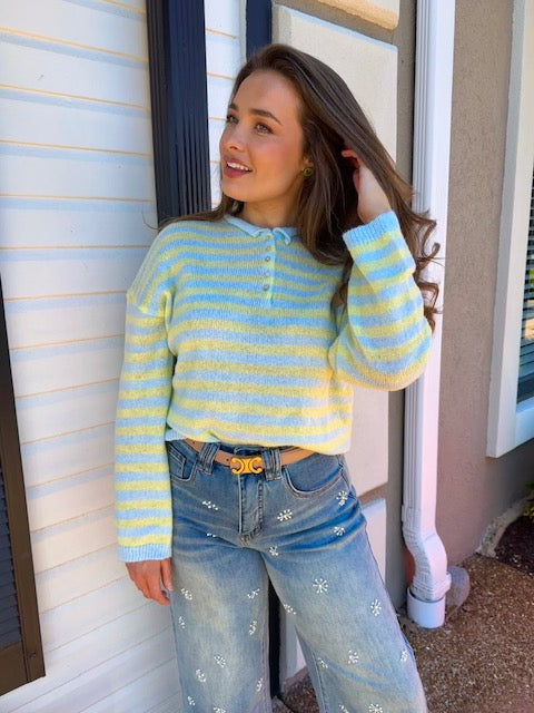 Stripe Half Button Sweater