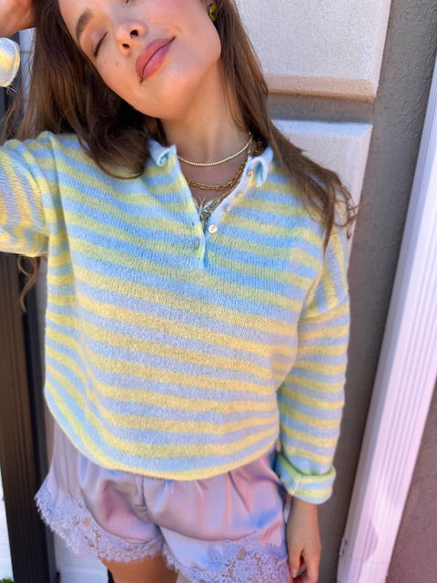 Stripe Half Button Sweater
