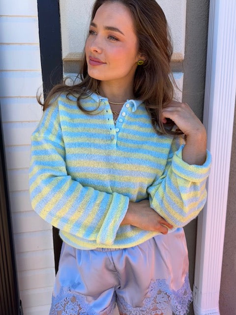 Stripe Half Button Sweater