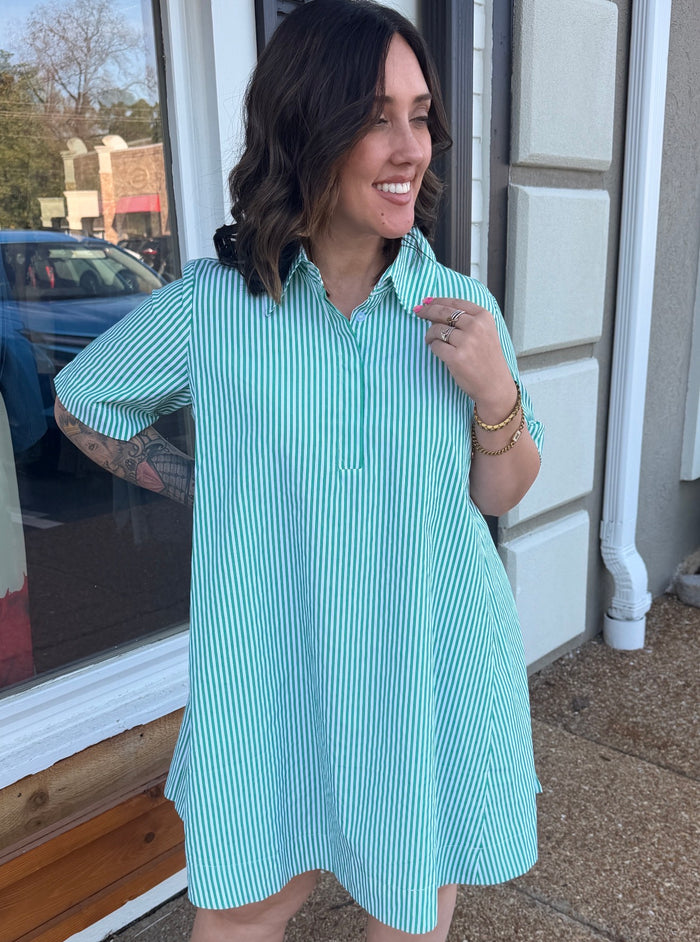 Striped Green Shirt Swing Dress